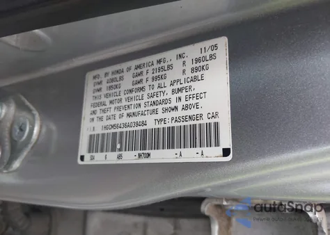 2006 Honda Accord 2.4 Lx z USA, uszkodzony, nr VIN 1HGCM56436A039484